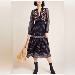 Anthropologie Maeve Navy Dress with Floral Embroidery - Size 6
